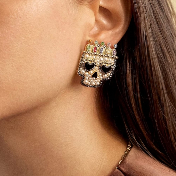 Crown King Skull Rhinestone & Pearl Earrings Multicolor Gold Crystal Statement - Picture 4 of 5